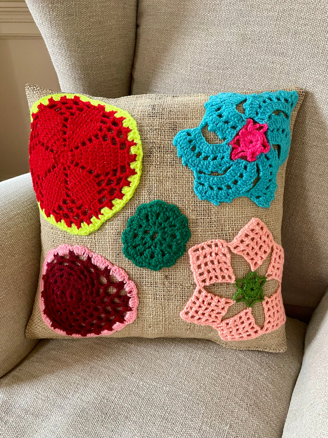 "Granny" Hand-Embroidered and Crocheted Pillow