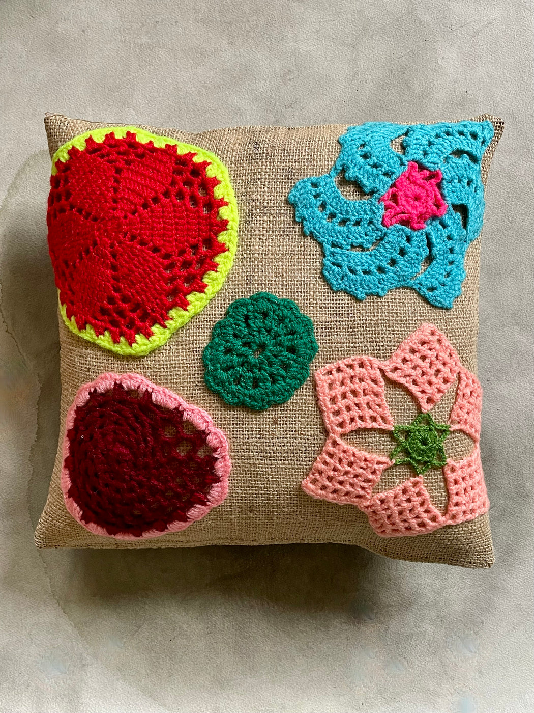 "Granny" Hand-Embroidered and Crocheted Pillow