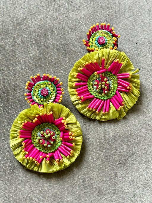 "Raffia Burst" Beaded Earrings - Lime and Hot Pink
