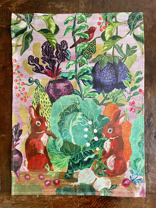 Nathalie Lete "Rabbits in the Cabbage Patch" Linen Tea Towel