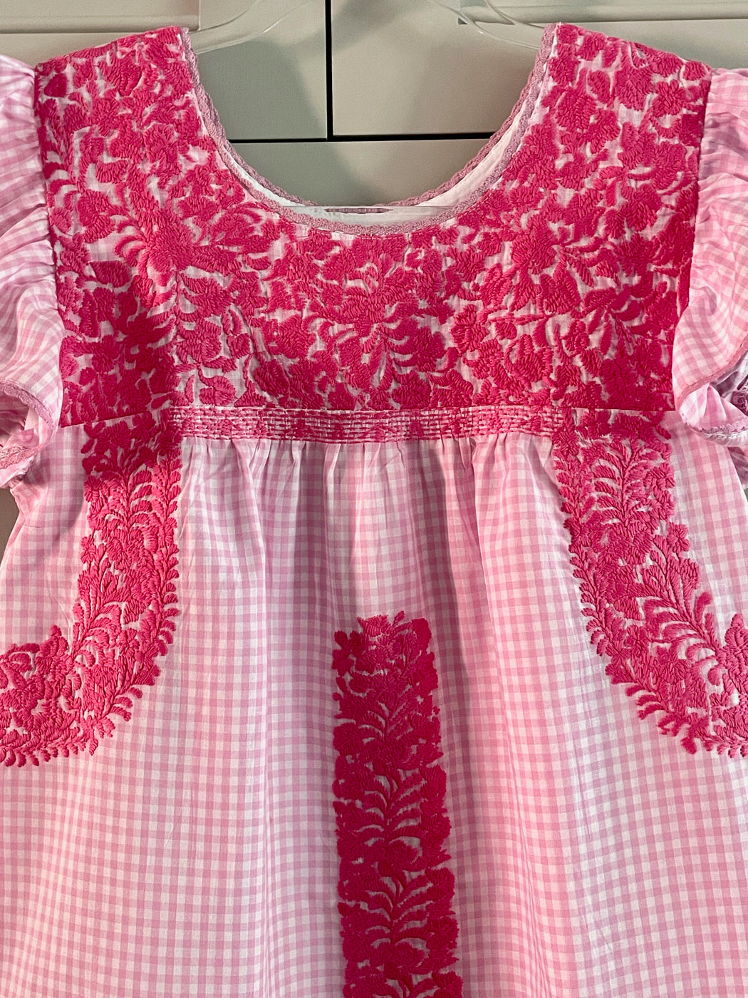 Hand-Embroidered Mexican Blouse - Pink Gingham