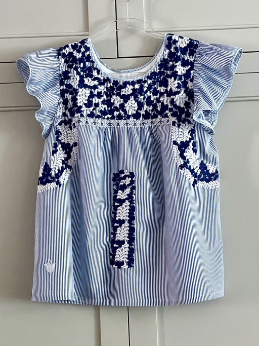 Hand-Embroidered Mexican Blouse - Blue Stripe