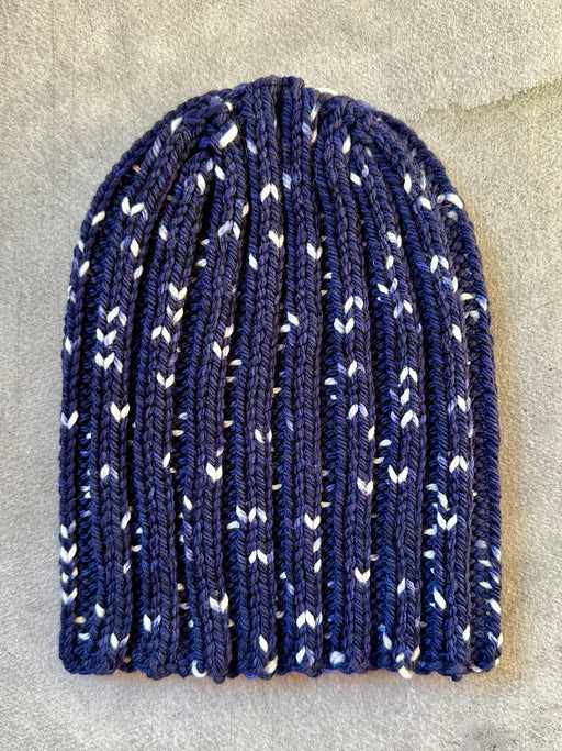 Hand-Knitted Ribbed Beanie - Navy Tweed