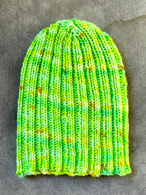 Hand-Knitted Ribbed Beanie - Bright Green