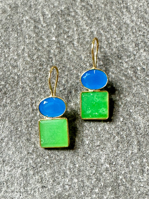 "Oval Over Square" Drop Earrings - Jade & Chalcedony