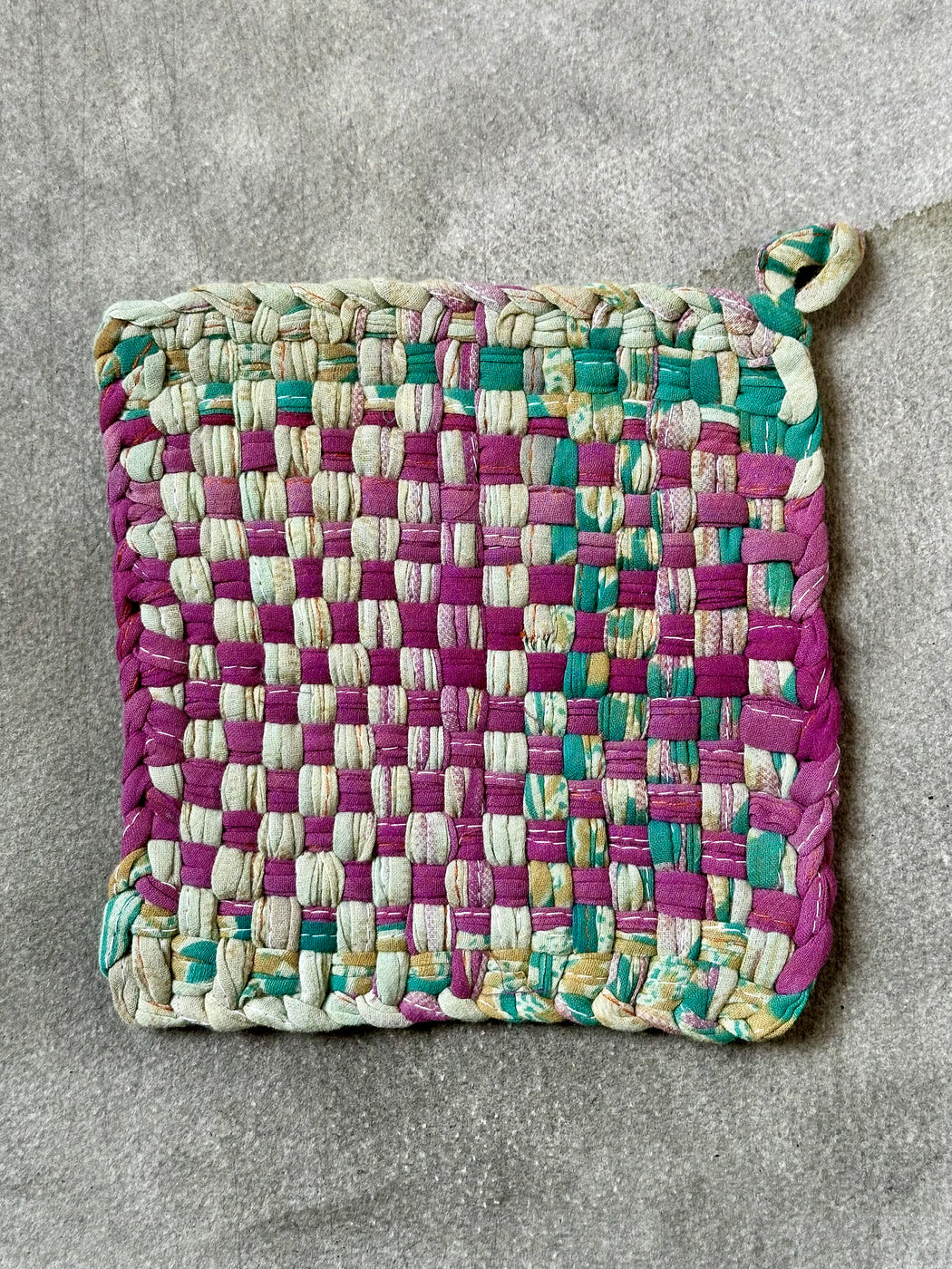 Woven Cotton Sari Potholders - Purple/Green