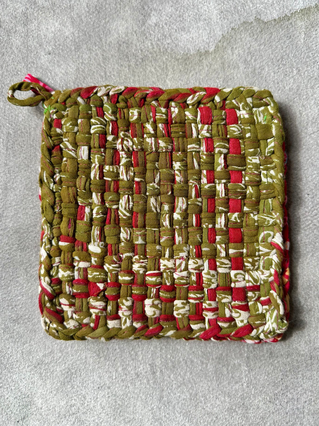 Woven Cotton Sari Potholders - Red & Olive