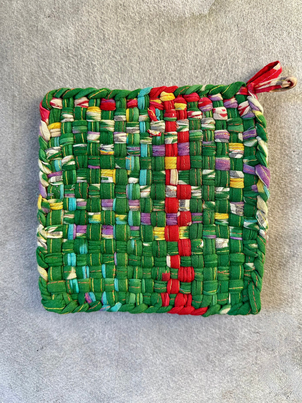 Woven Cotton Sari Potholders - Green & Red