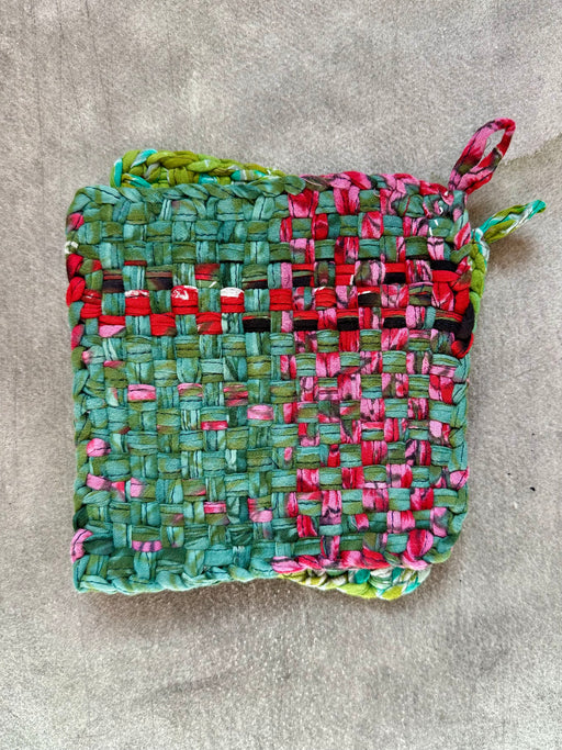 Woven Cotton Sari Potholders - Red & Green