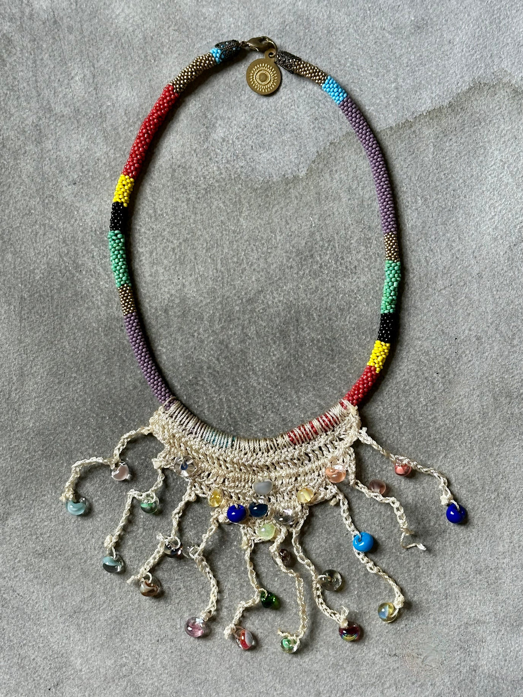 Beaded necklace with Crocheted Bibb