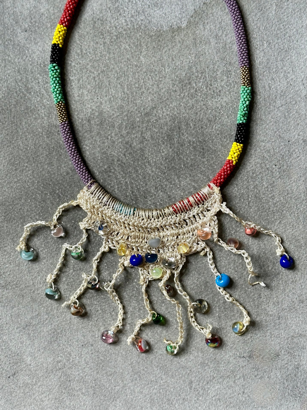 Beaded necklace with Crocheted Bibb