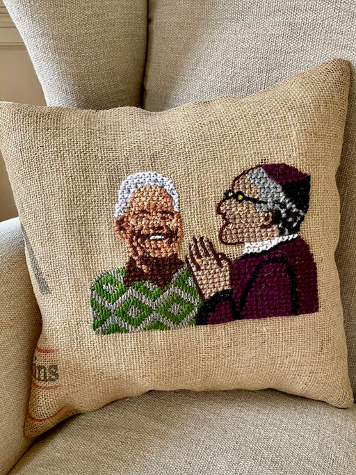 "Neslon Mandela and Desmond Tutu" Hand-Embroidered Pillow