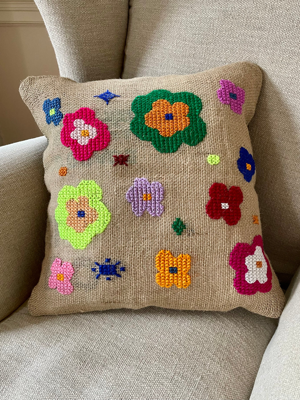"Flower Power" Hand-Embroidered Pillow