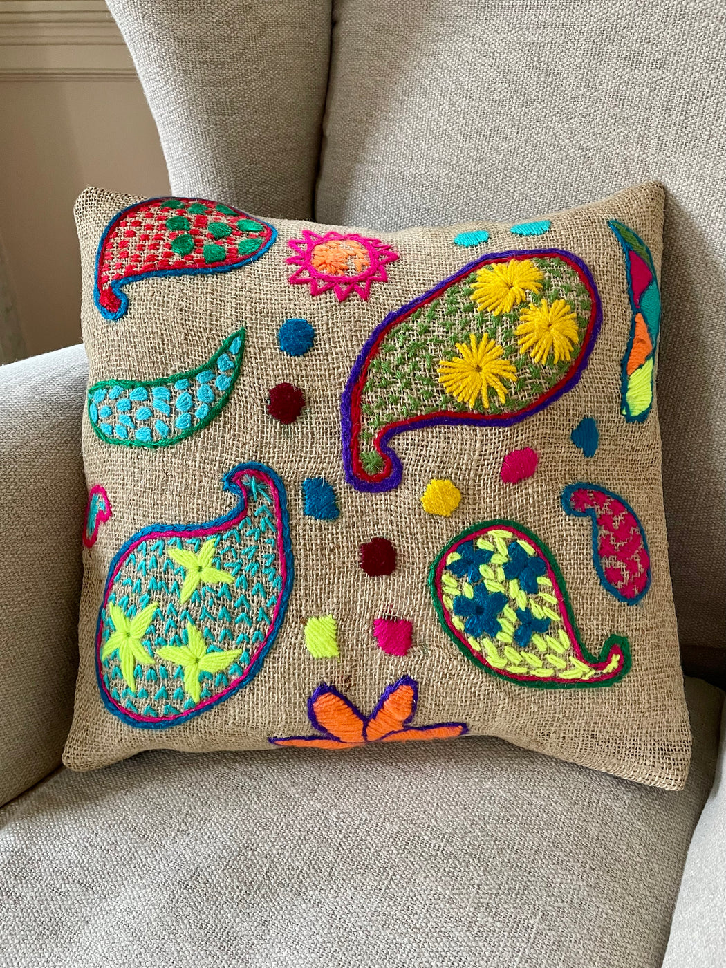 "Paisley" Hand-Embroidered Pillow