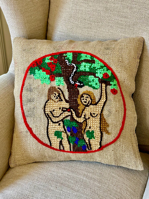 "Adam and Eve" Hand-Embroidered Pillow