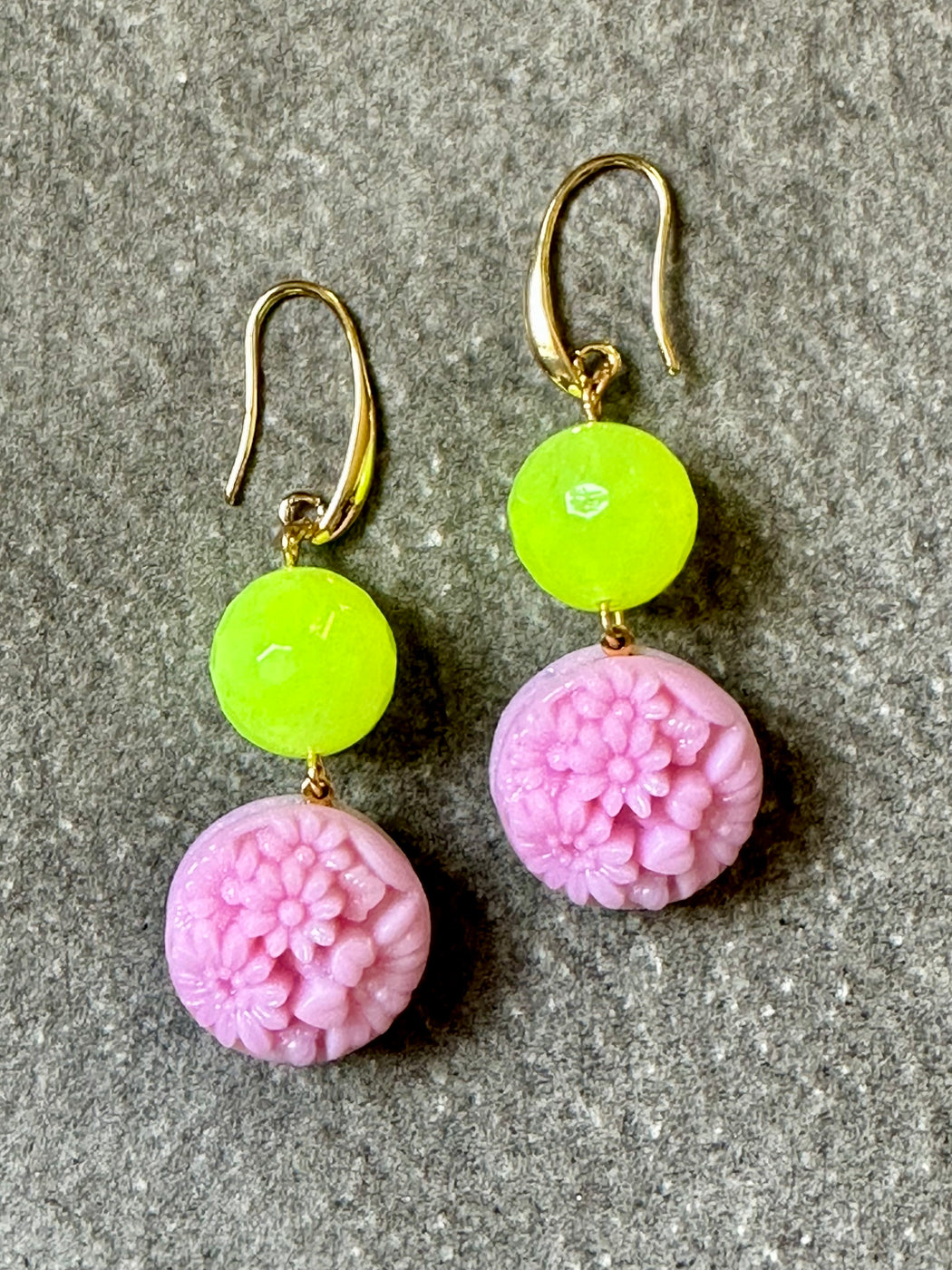 "Pink Glass & Jade" Earrings by David Aubrey