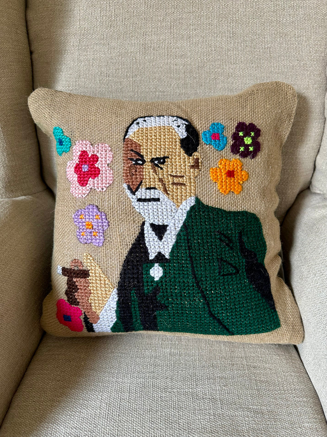 "Freud" Hand-Embroidered Pillow