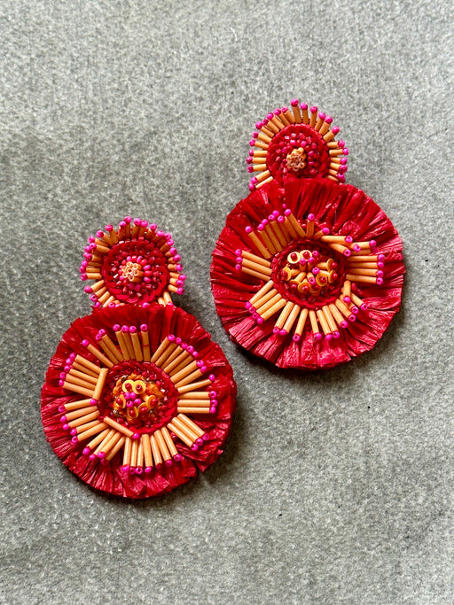 "Raffia Burst" Beaded Earrings - Red and Mango