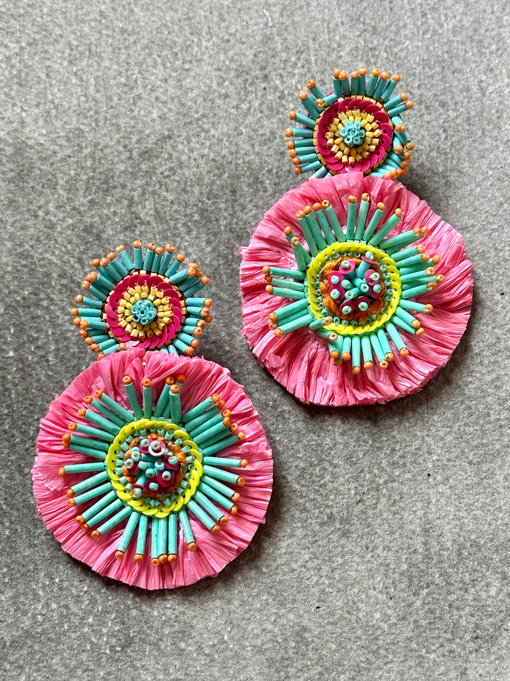 "Raffia Burst" Beaded Earrings - Hot Pink and Mint
