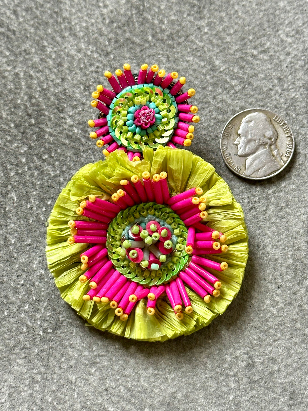 "Raffia Burst" Beaded Earrings - Lime and Hot Pink
