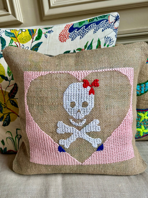 "Skull & Crossbones Heart" Hand-Embroidered Pillow