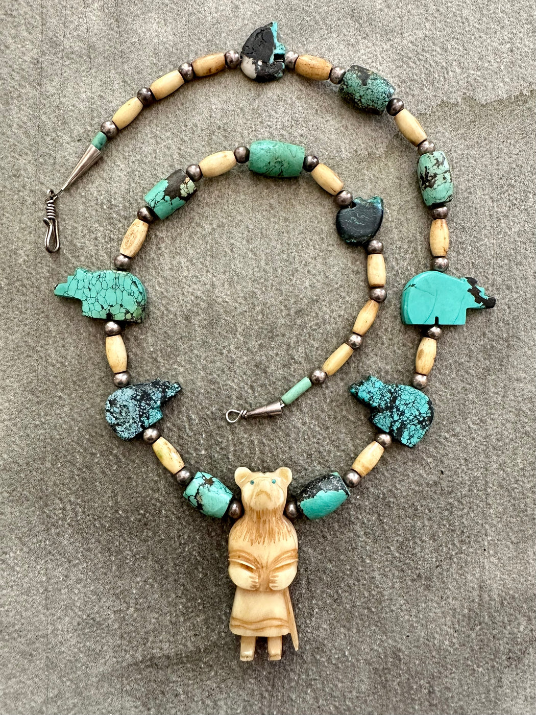 "Bear" Bone and Turquoise Necklace by Carolyn Roberts