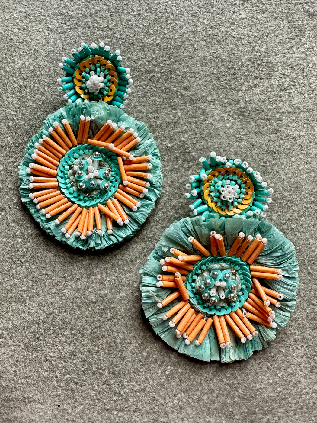 "Raffia Burst" Beaded Earrings - Sea Foam & Melon