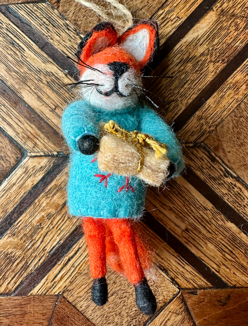 Felted "Fox" Ornament - Blue Sweater