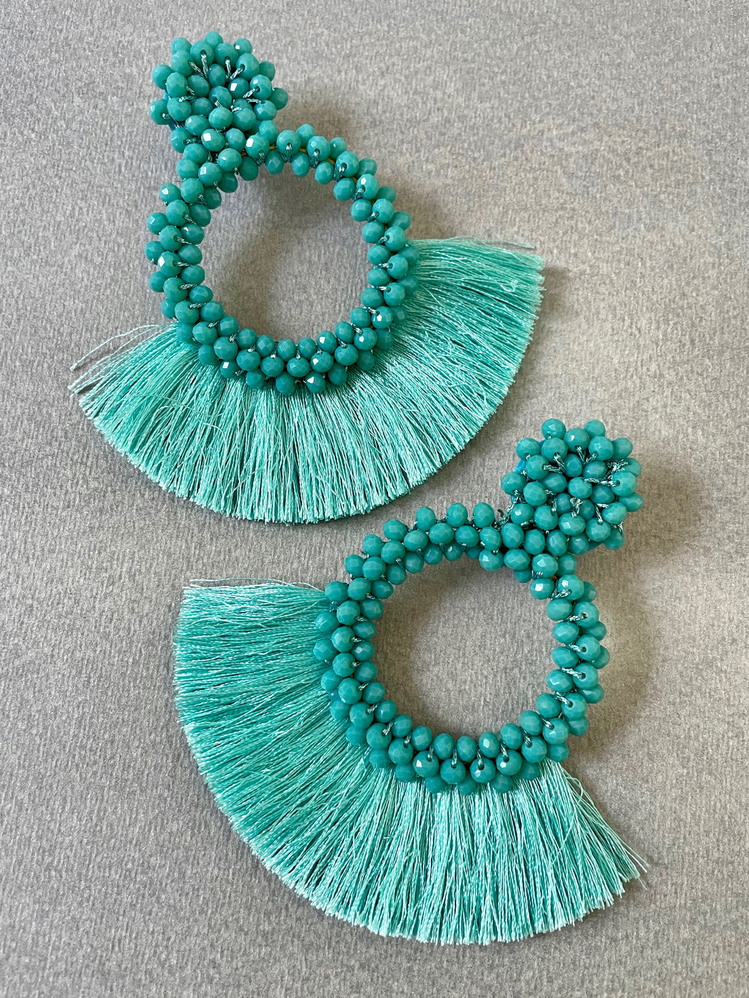 "Fringed Hoop" Beaded Earrings - Jade