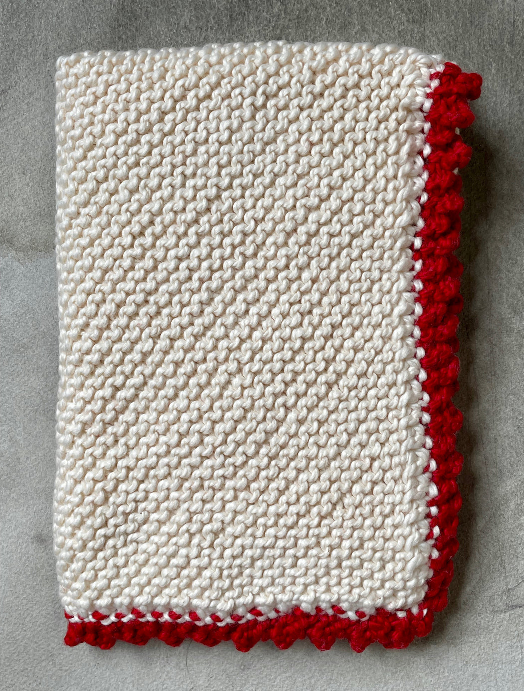 Aunt Debbie's Small Hand-Knitted  Baby Blanket -  Ivory & Red