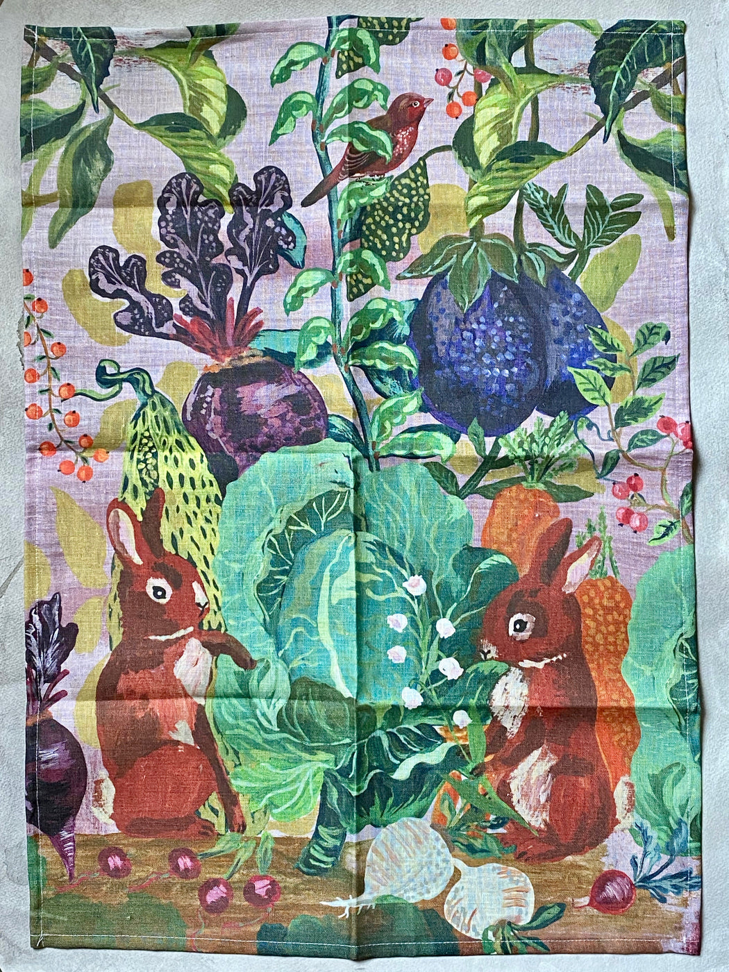 Nathalie Lete "Rabbits in the Cabbage Patch" Linen Tea Towel