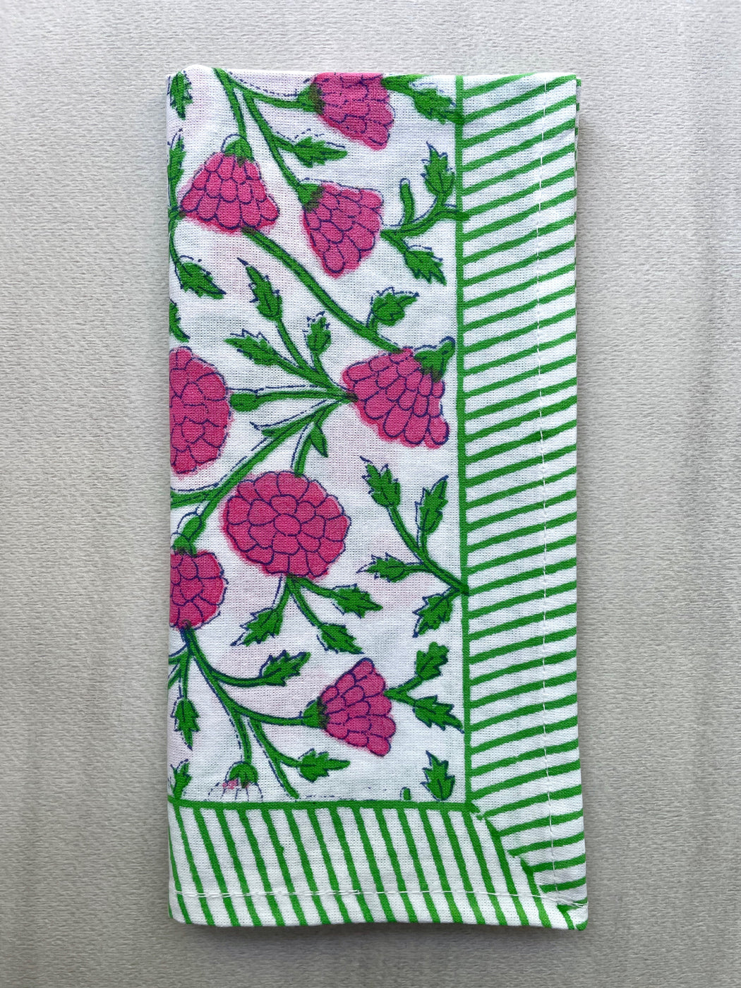 Block-Printed Indian Cotton Napkin - Pink & Green