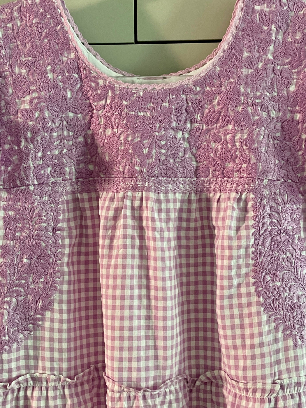 Hand-Embroidered Mexican Dress - Lilac Gingham