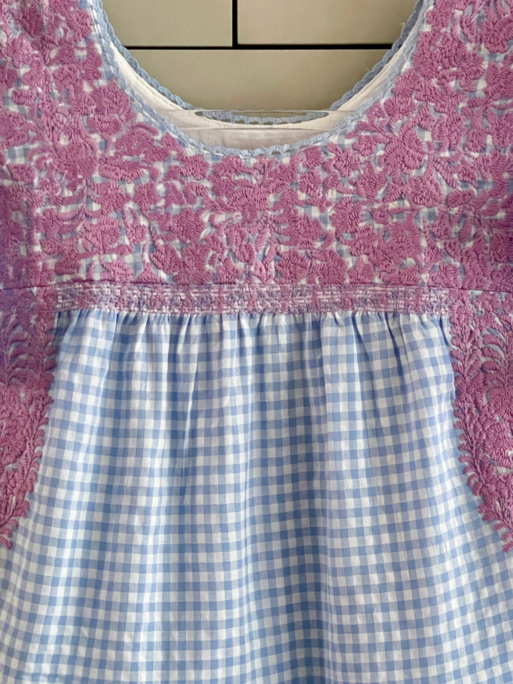Hand-Embroidered Mexican Midi Dress - Blue Gingham
