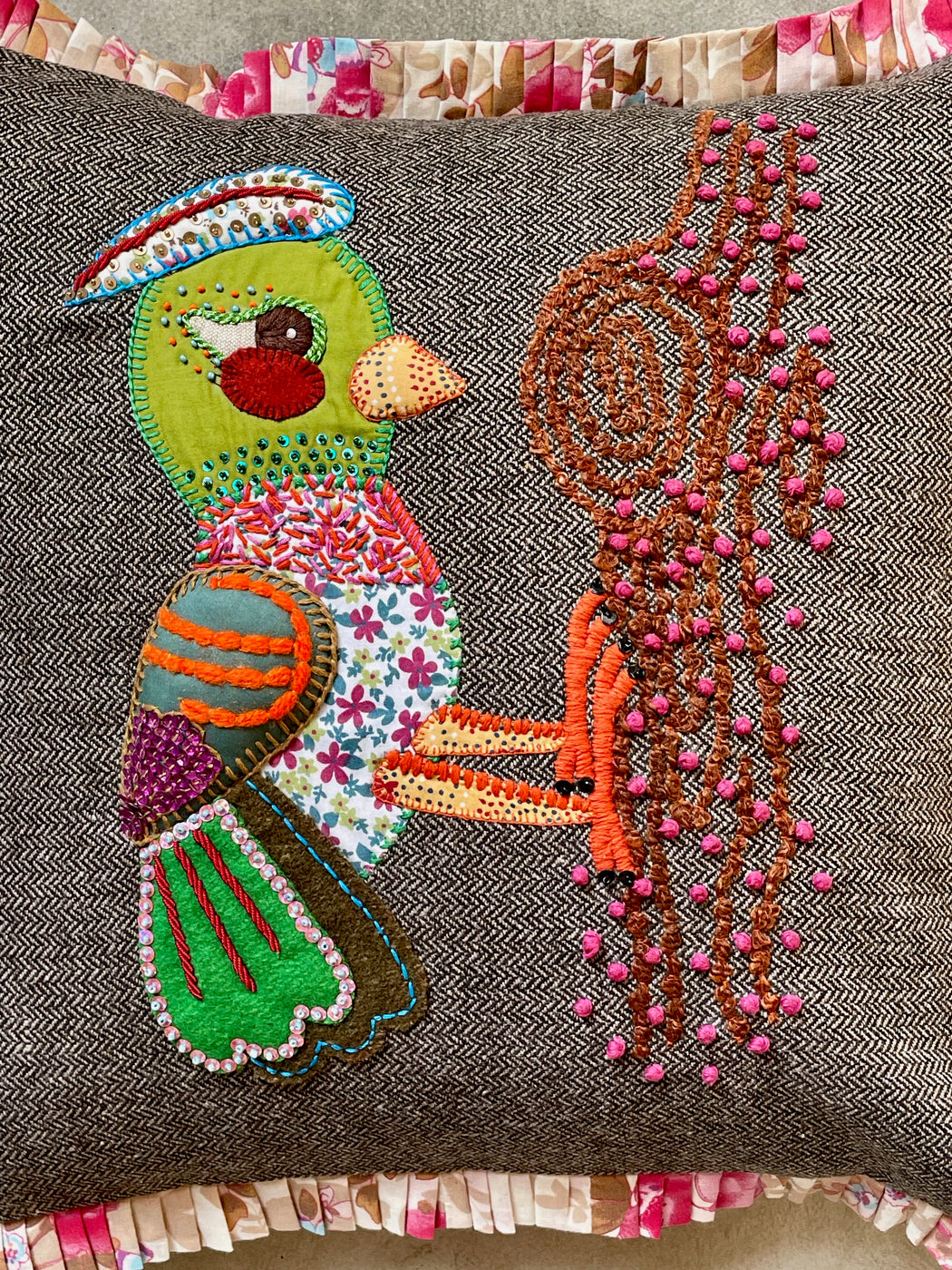 Nathalie Lete Hand-Embroidered "Woodpecker" Pillow