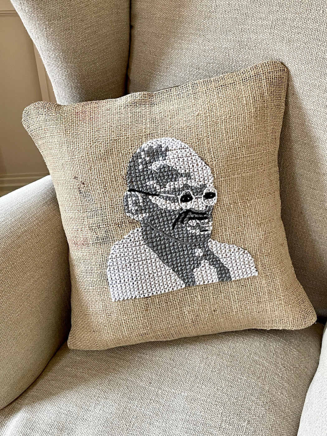 "Ghandi" Hand-Embroidered Pillow