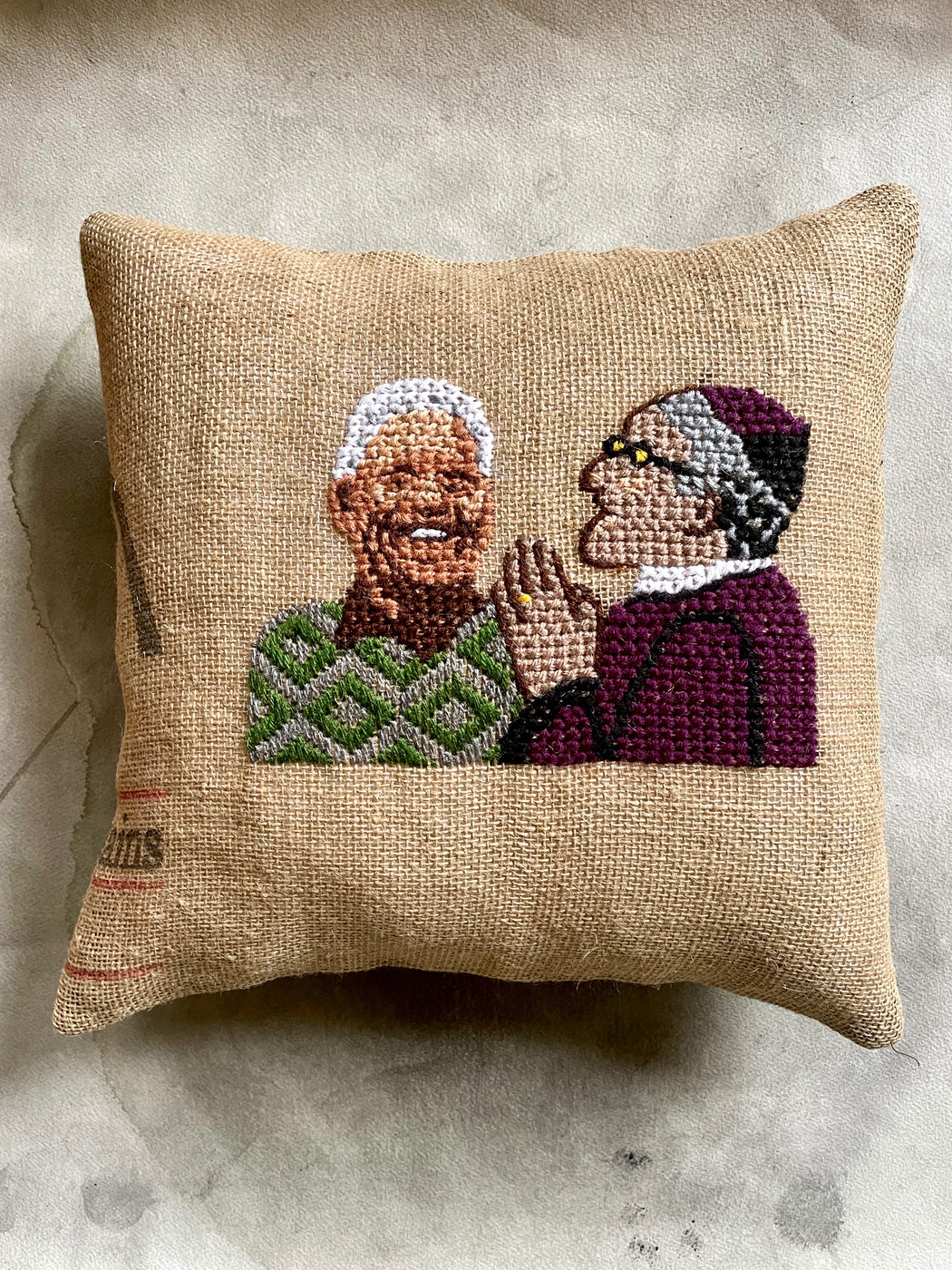 "Desmond and Nelson" Hand-Embroidered Pillow