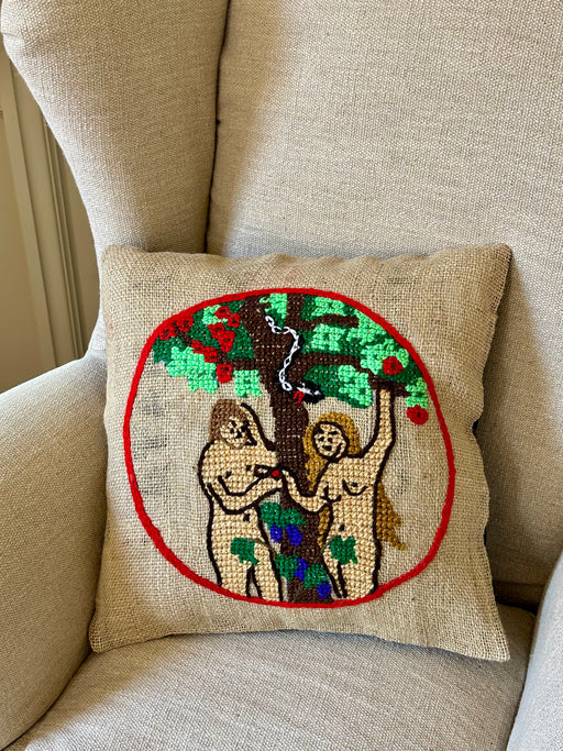 "Adam and Eve" Hand-Embroidered Throw Pillow