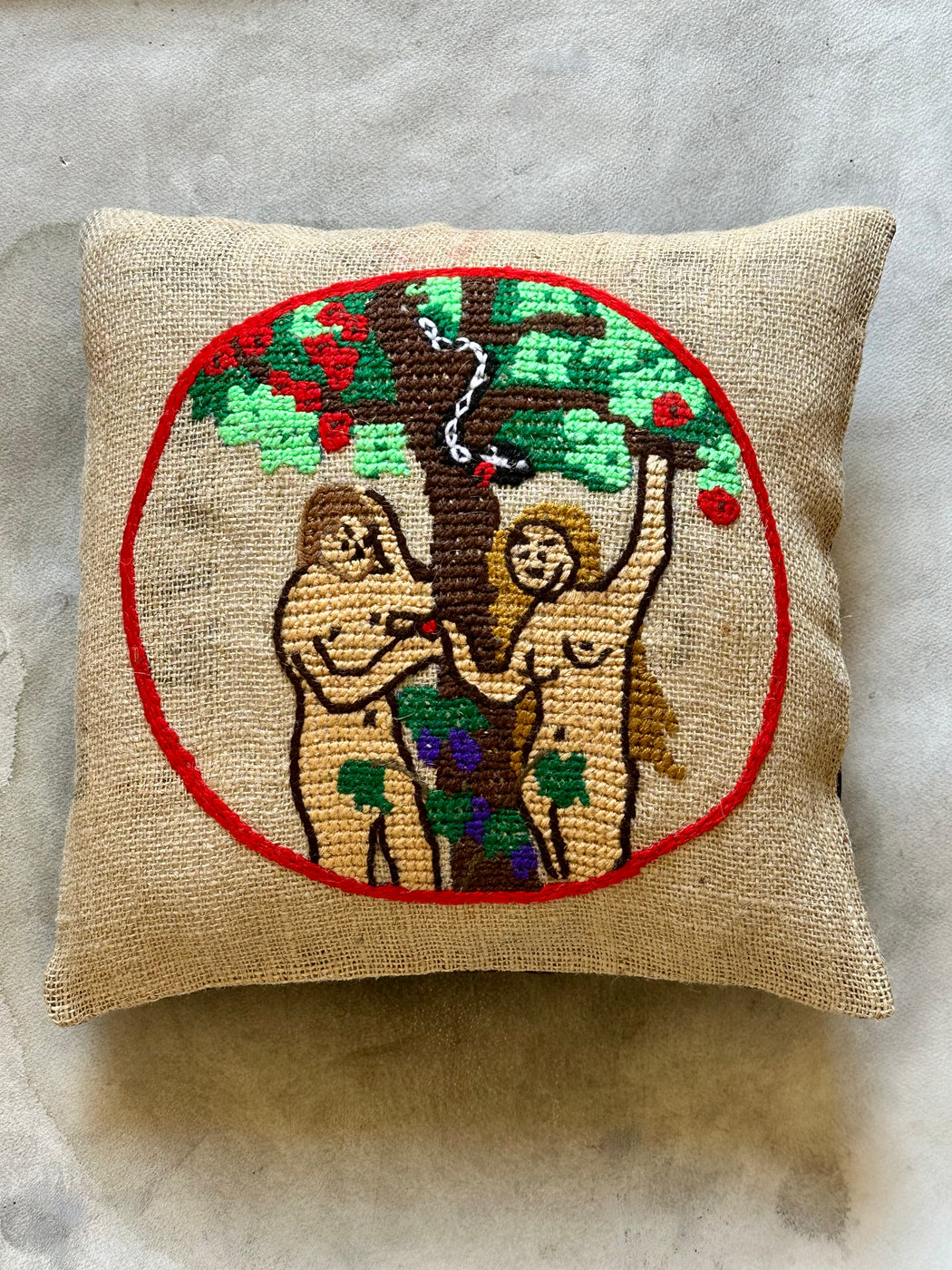 "Adam and Eve" Hand-Embroidered Throw Pillow