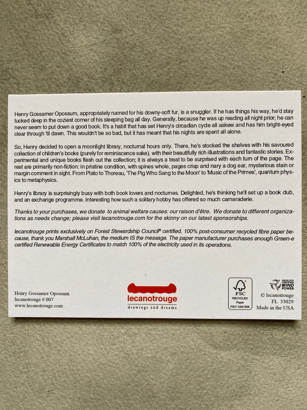 "Henry Gossamer Opossum" Card